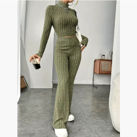 Women's Turtleneck Top and Wide Leg Pants Two-Piece Set Cotton Loungewear Suit