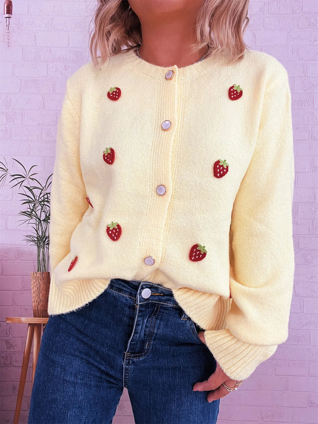 Sarah Express Women's Strawberry Button Up Long Sleeve Cardigan