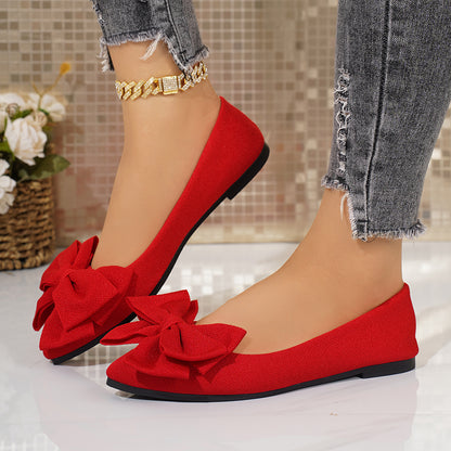 Sarah Express Women's Plus-Size Bow-Tie Slip-On Loafer Shoes | Pointed Toe, Low Heel, Cotton Upper Red