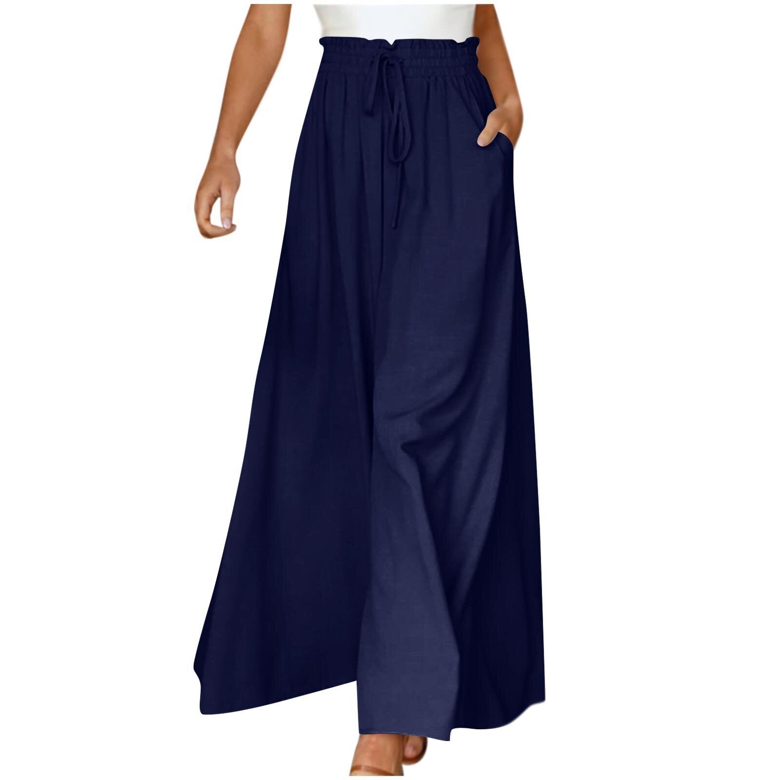 High Waist Wide Leg Dress Pants Elastic Waistband Full Length Trousers