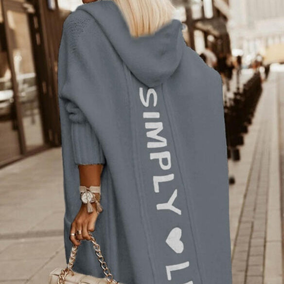 Women's Letter Print Hooded Long Cardigan Oversized Knit