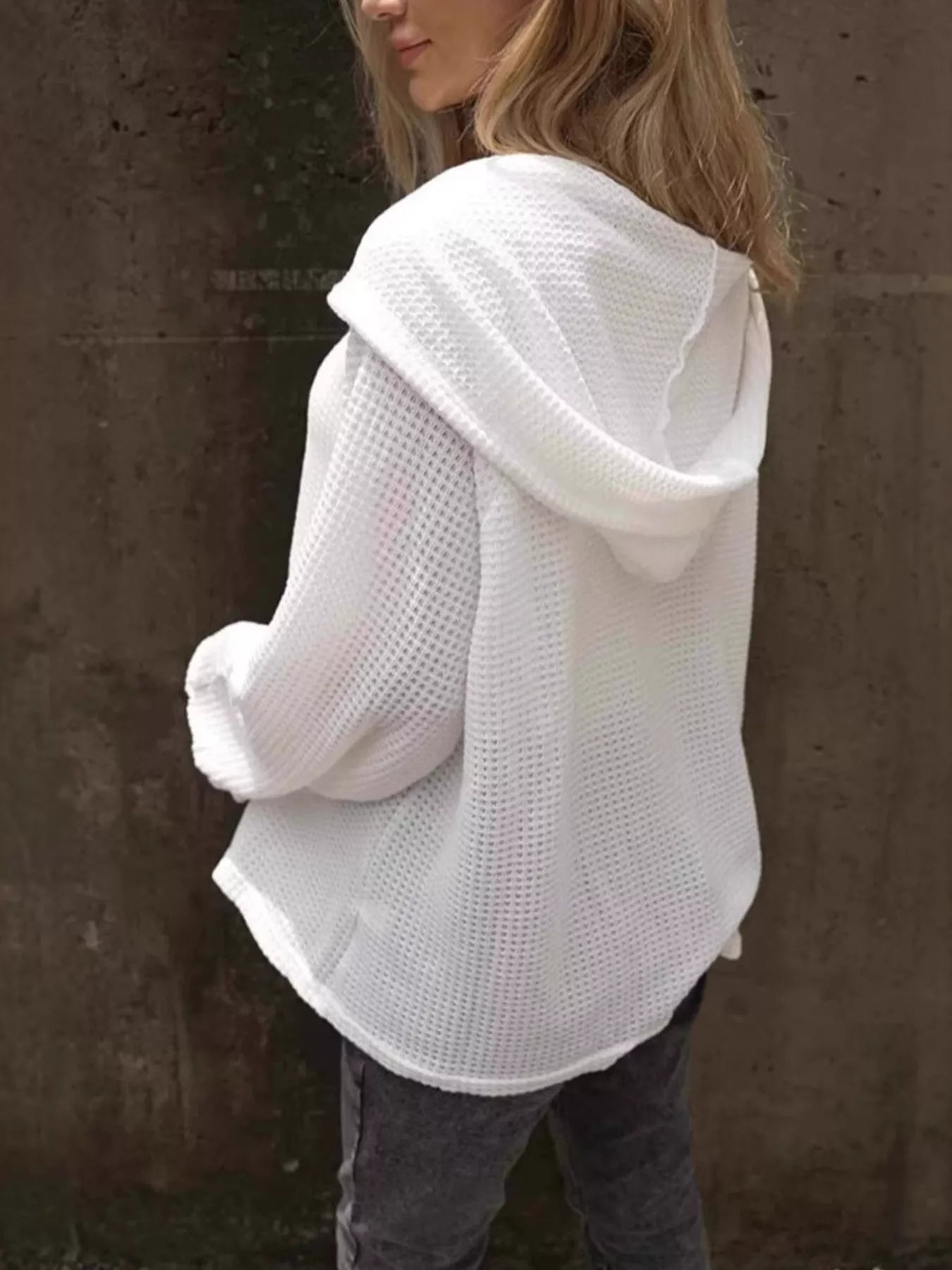 Sarah Express Women's Waffle Knit Hoodie with Button Detail