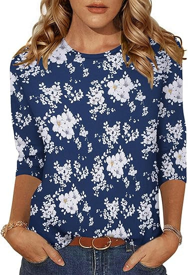 Women's Three-Quarter Sleeve Floral Print T-Shirt Top