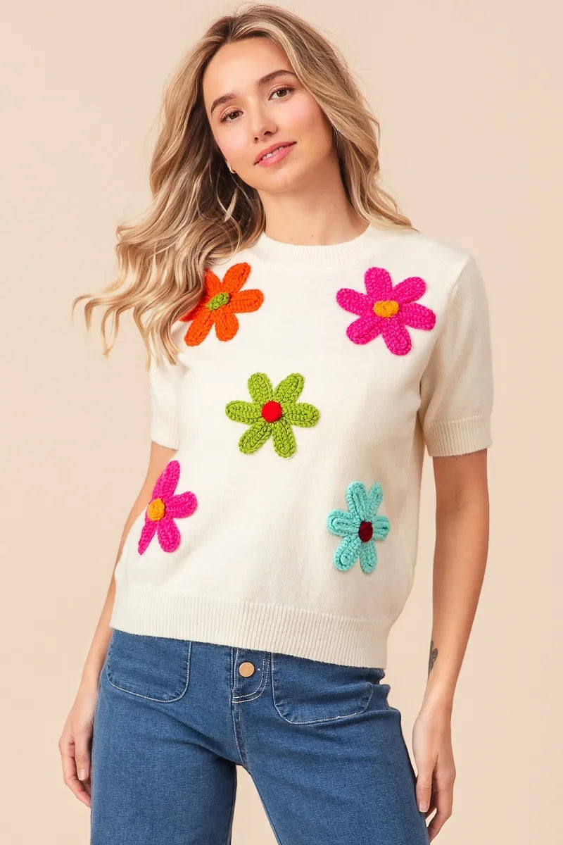 Sarah Express Women’s Short Sleeve Sweater with Crochet Flower Patches

