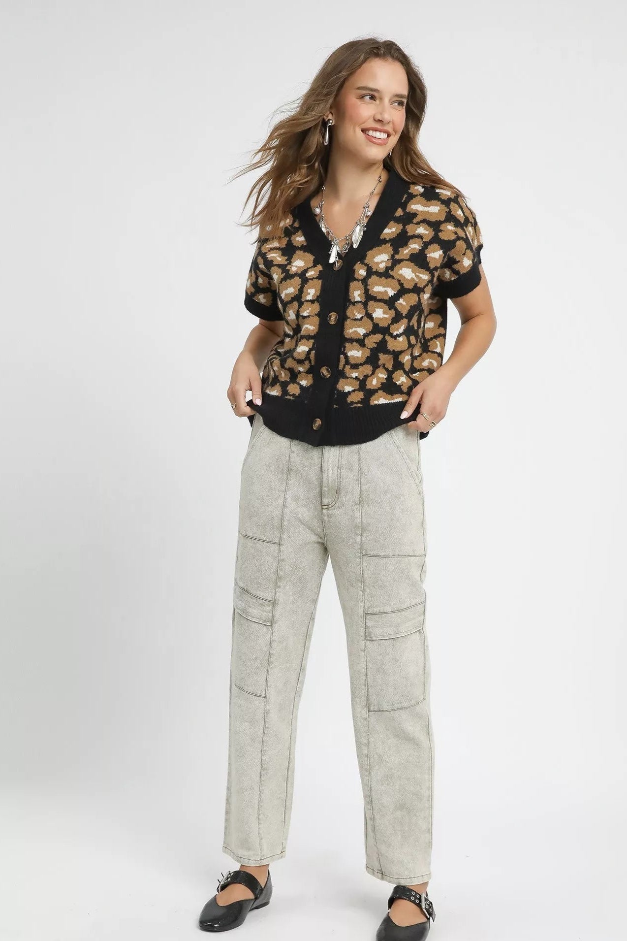 Sarah Express Women’s Leopard Print Knit Cardigan Button-Down Casual All-Season