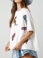 Sarah Express Women's Sequin Tiger Round Neck T-Shirt