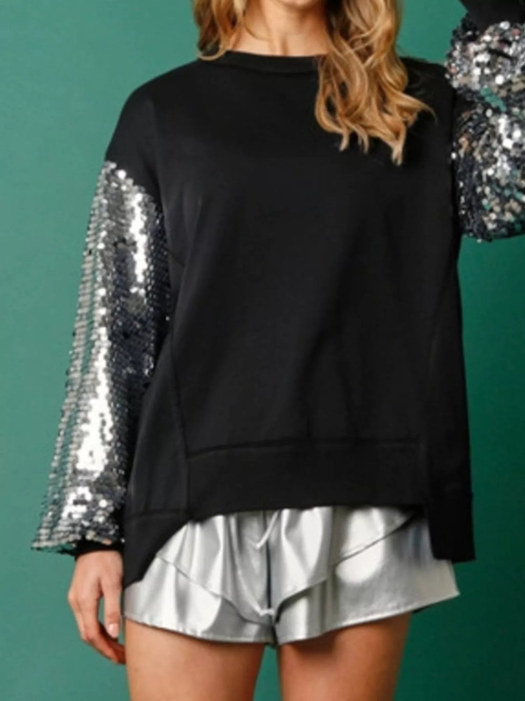 Sarah Express Women's Sequin Long Sleeve Round Neck Sweatshirt - Oversized Sparkle Top