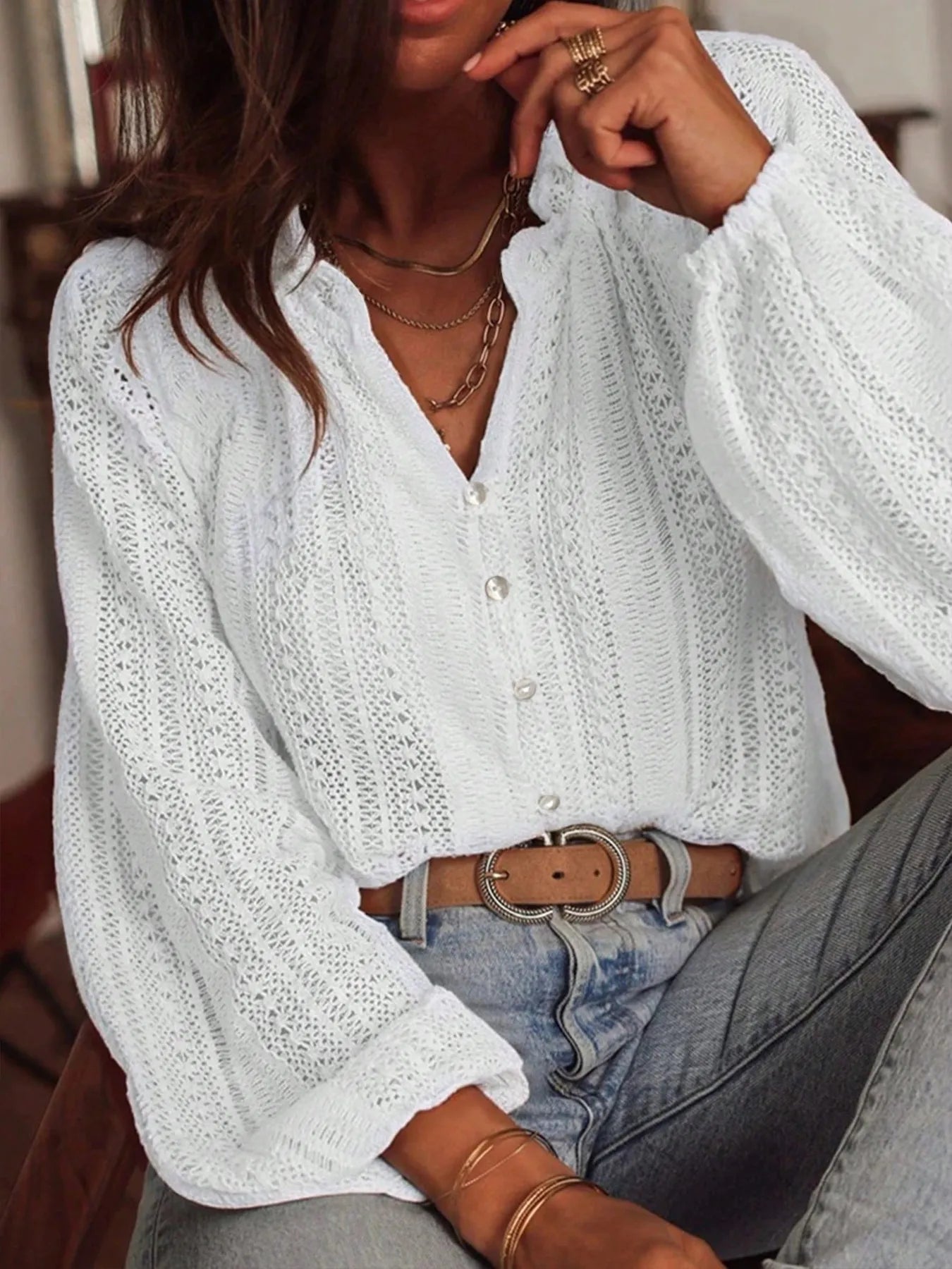 Sarah Express Women's Crochet Notched Button-Front Shirt White