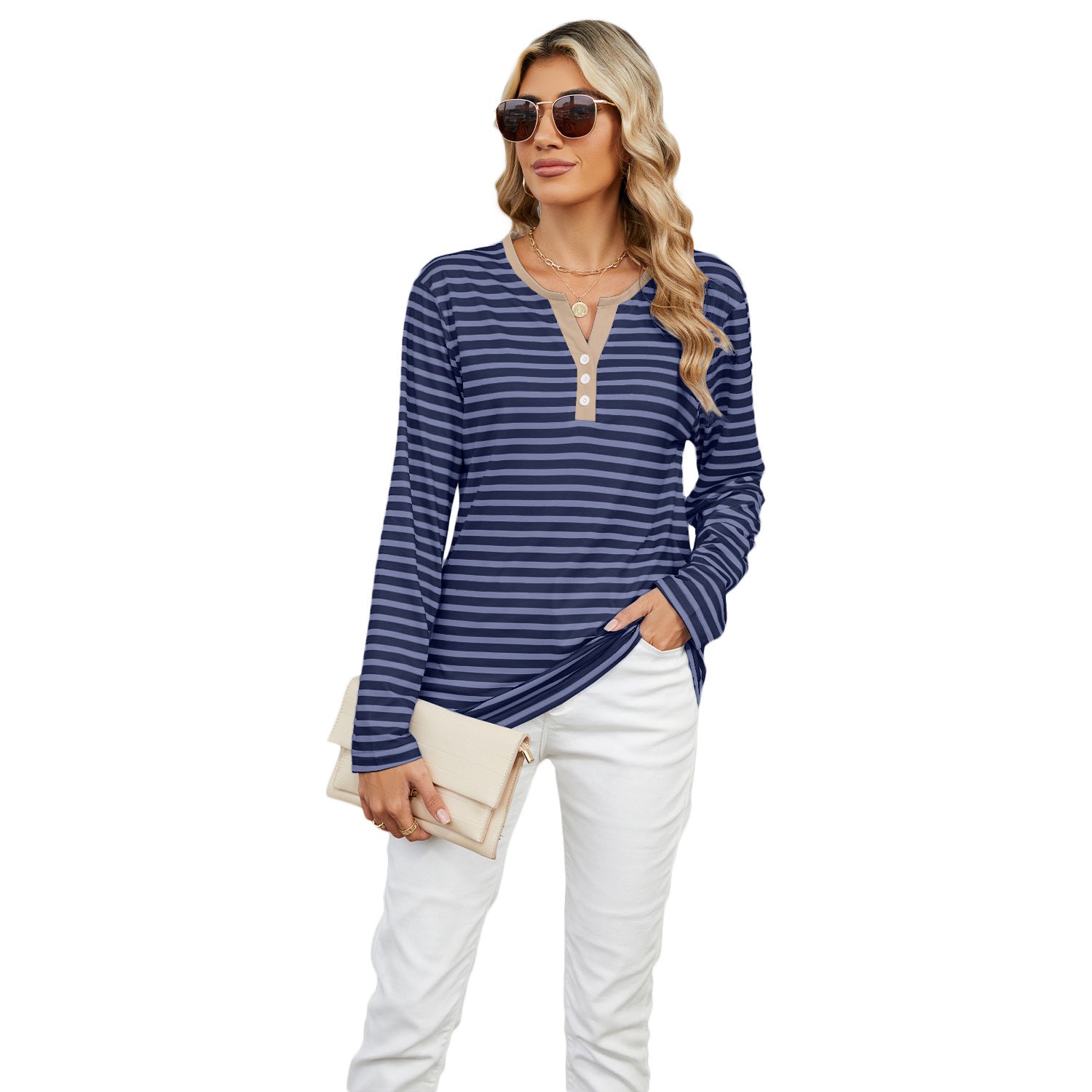 Women's V-Neck Striped Long Sleeve T-Shirt Loose Fit Casual Top