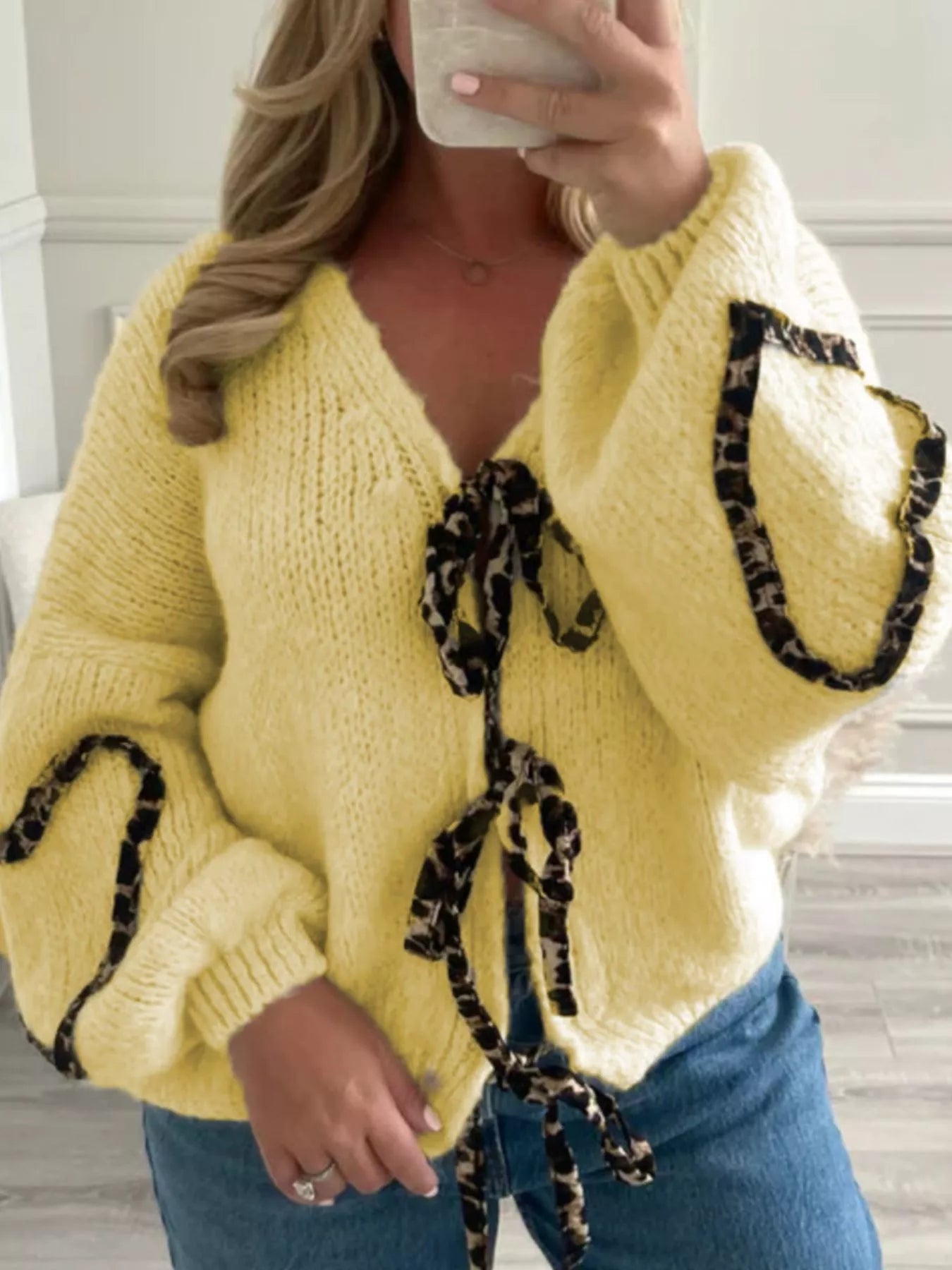 Sarah Express Women's Tie Front Long Sleeve Sweater Yellow