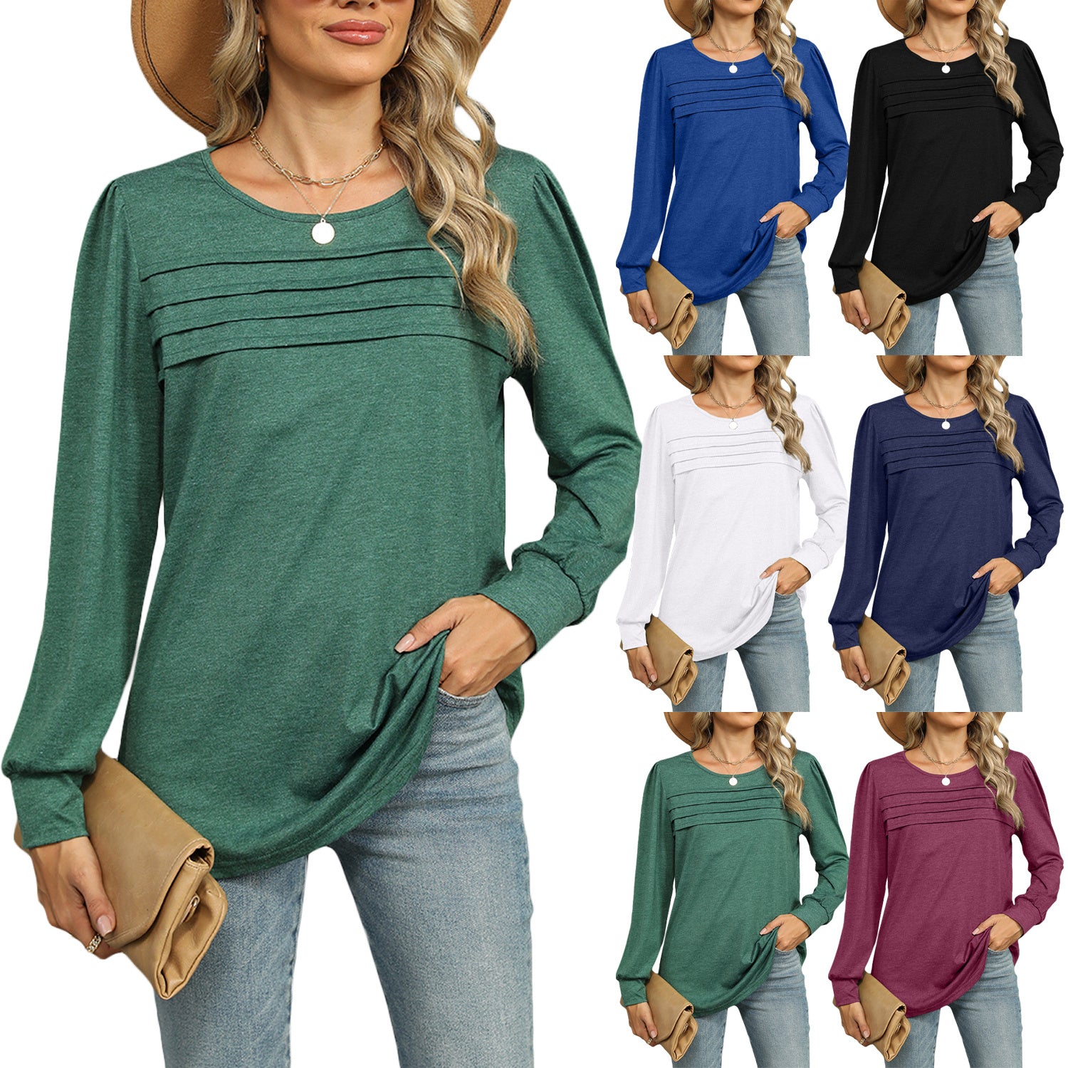 Sarah Express Solid Color U-Neck Pleated Long Sleeve Top for Women