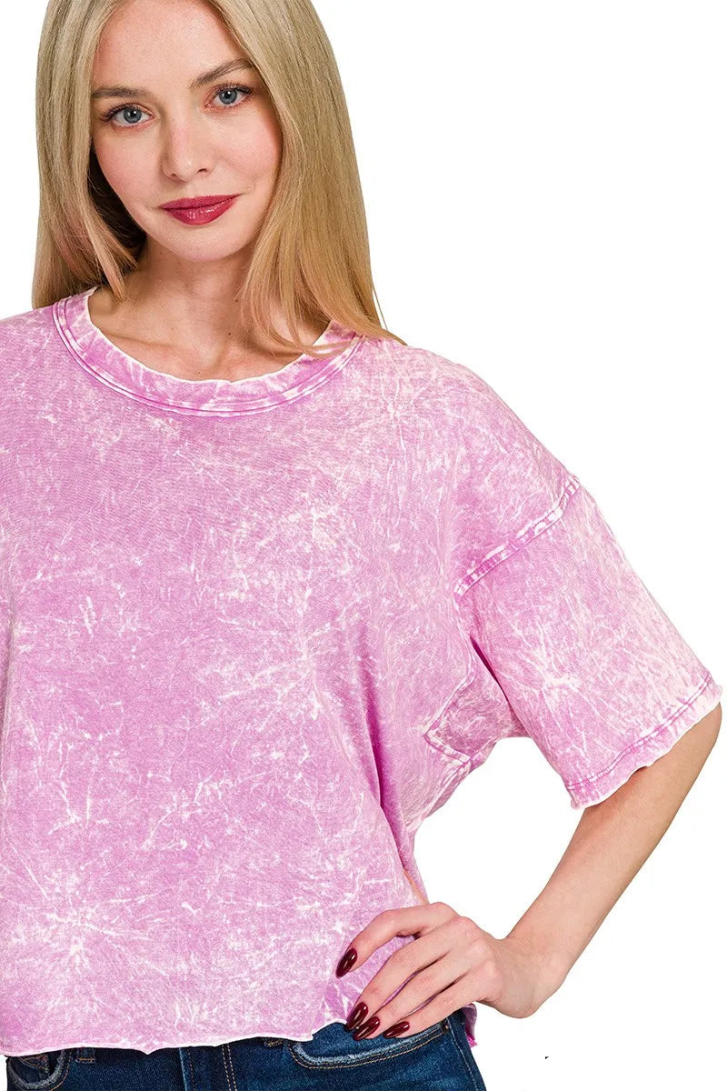 Sarah Express Women's Acid Crinkle-Washed T-Shirt | Oversized | 100% Cotton | S-L