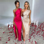 One Shoulder Backless Slit Satin Maxi Dress Women's Evening Party