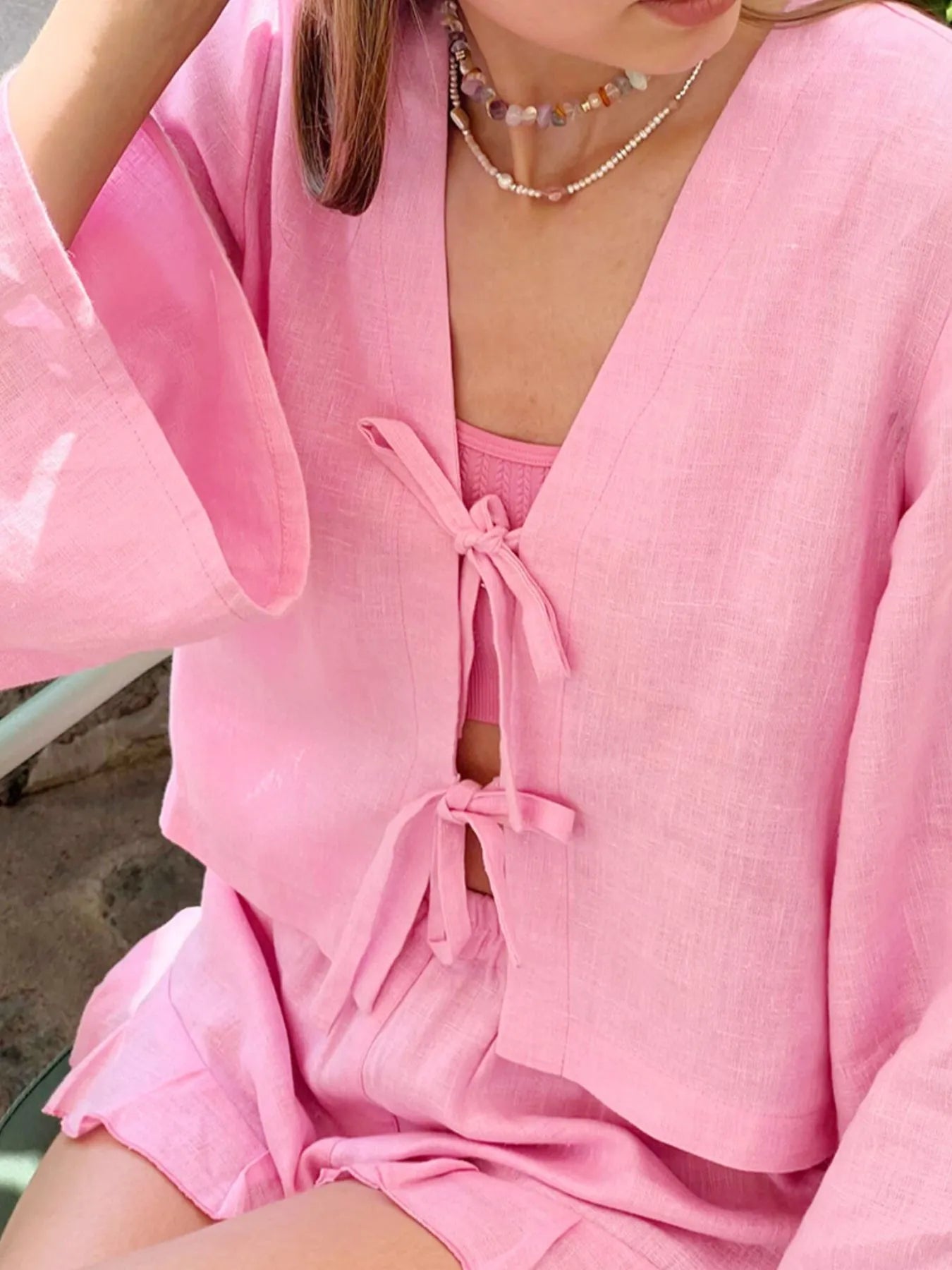 Sarah Express Women's Tie Front Long Sleeve Top and Shorts Set