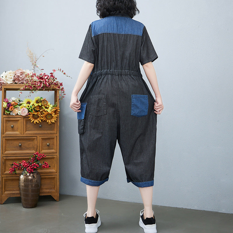 Drawstring Denim-Style Jumpsuit Wide Leg Cropped One Size