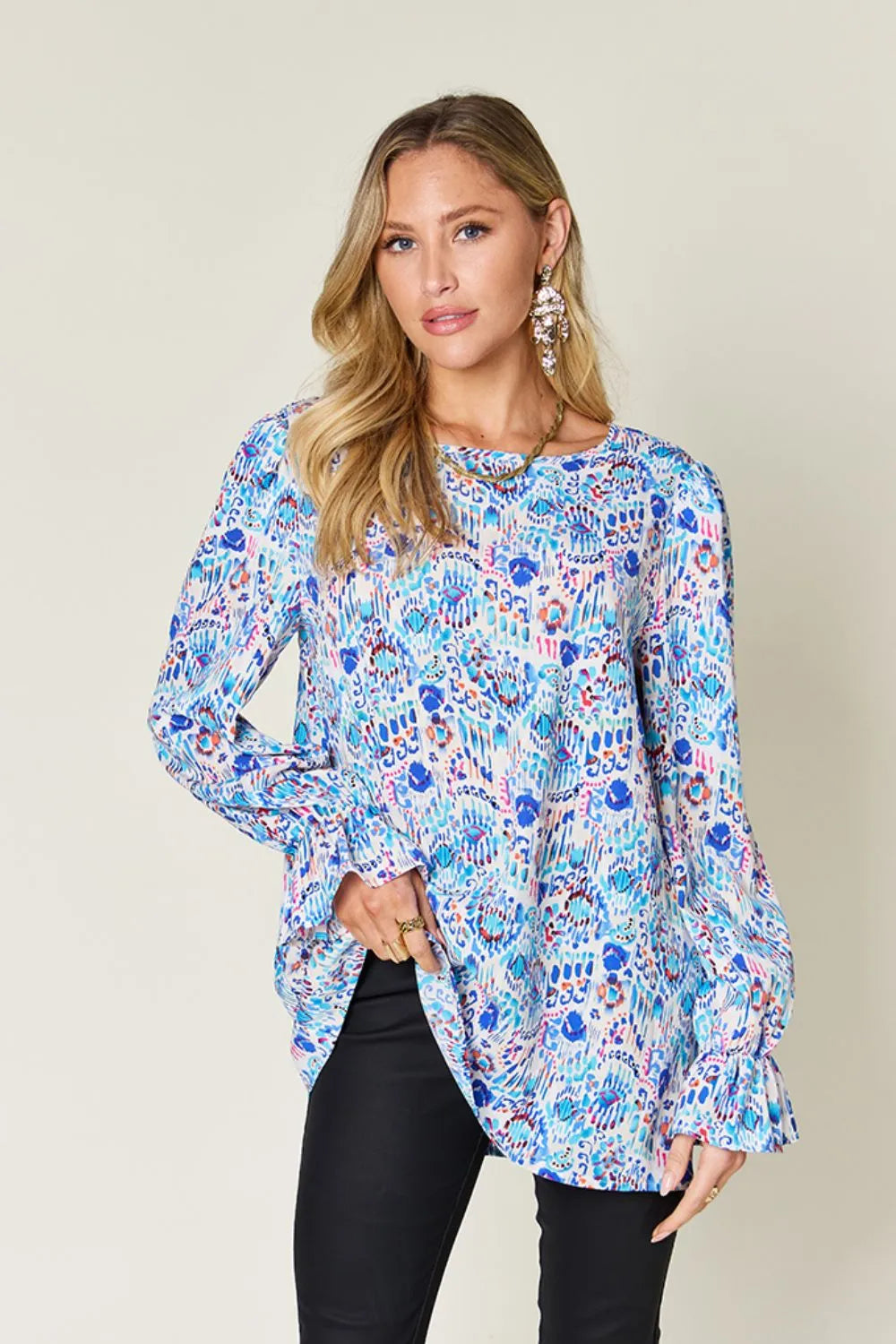 Sarah Express Women's Printed Flounce Sleeve Blouse - Basic Style Top Sky Blue