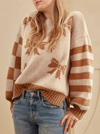 Sarah Express Women's Ribbon Bow Checkered Striped Sleeve Drop Shoulder Sweater Camel