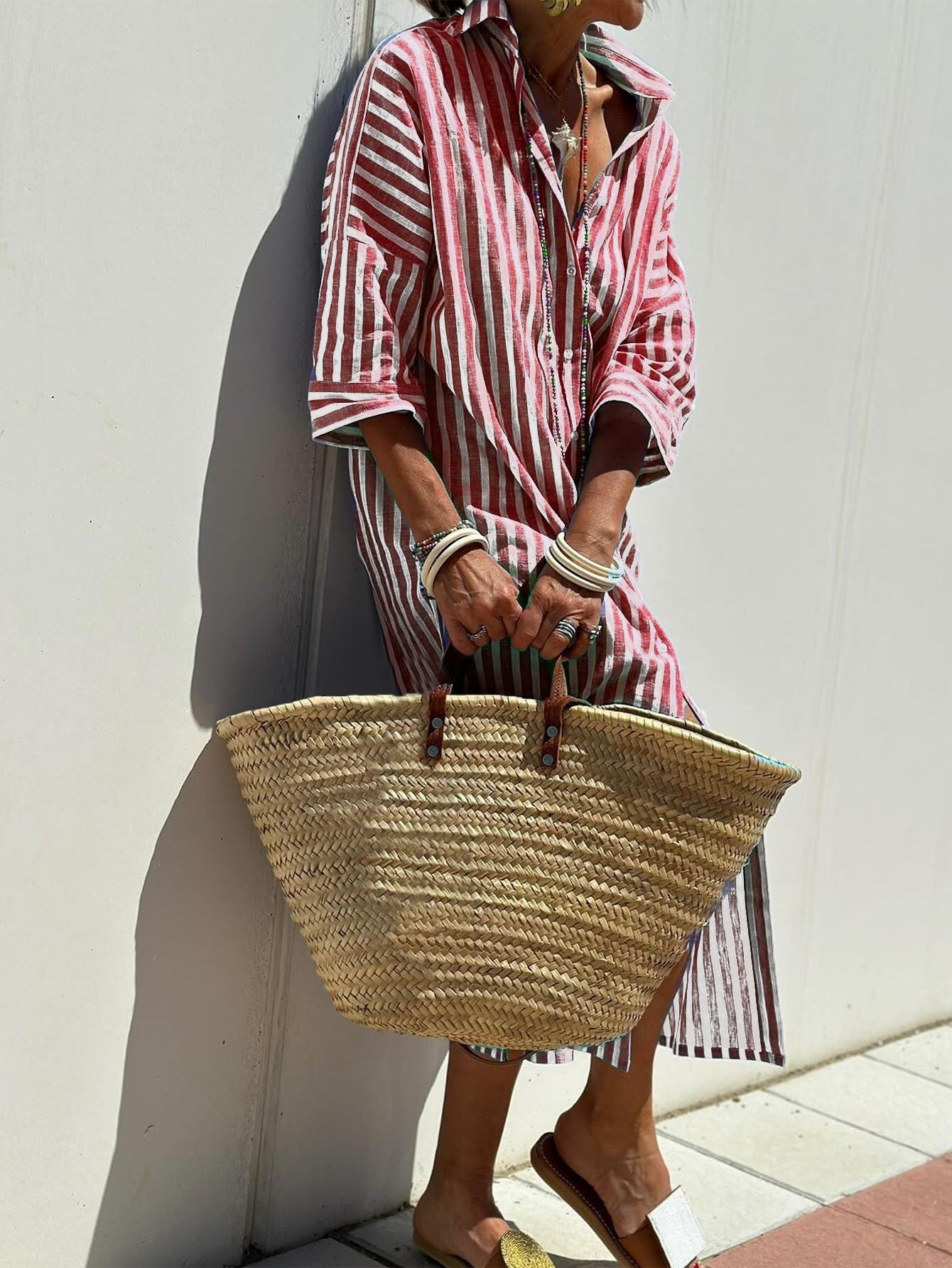 Women's Striped Shirt Dress Button Front Maxi with Belt