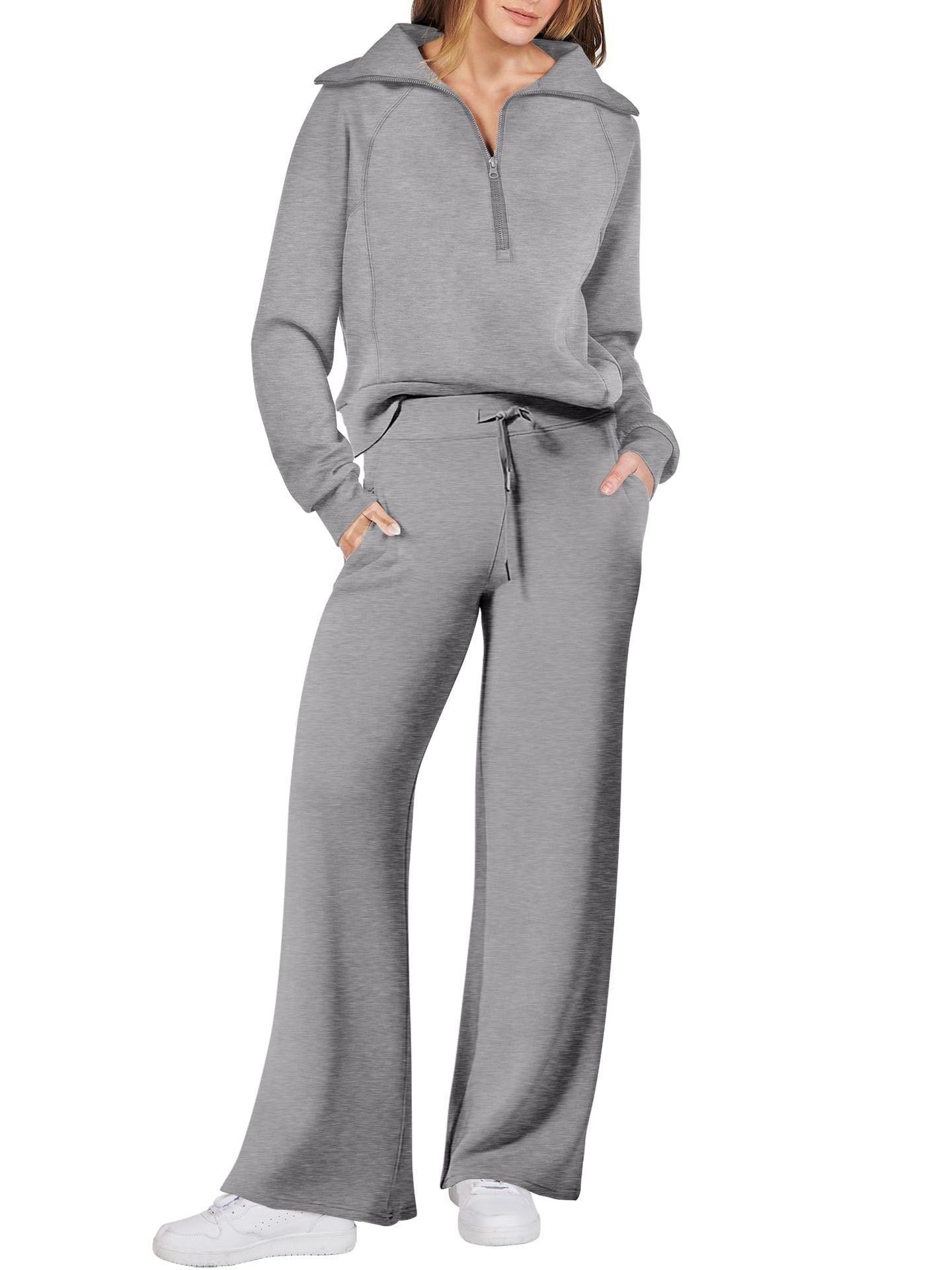 Women's Long Sleeve Zipper Sweatshirt and Wide-Leg Pants Athleisure Set