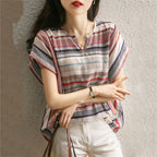 Women's Striped Long Sleeve Button-Up Shirt Loose Fit V-Neck Cardigan Top