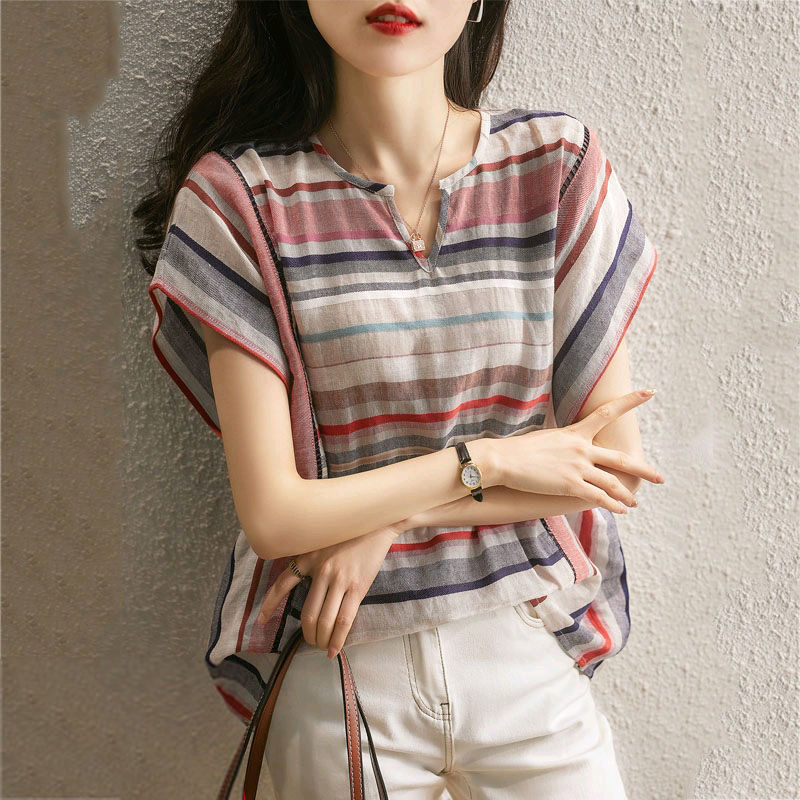 Women's Striped Long Sleeve Button-Up Shirt Loose Fit V-Neck Cardigan Top