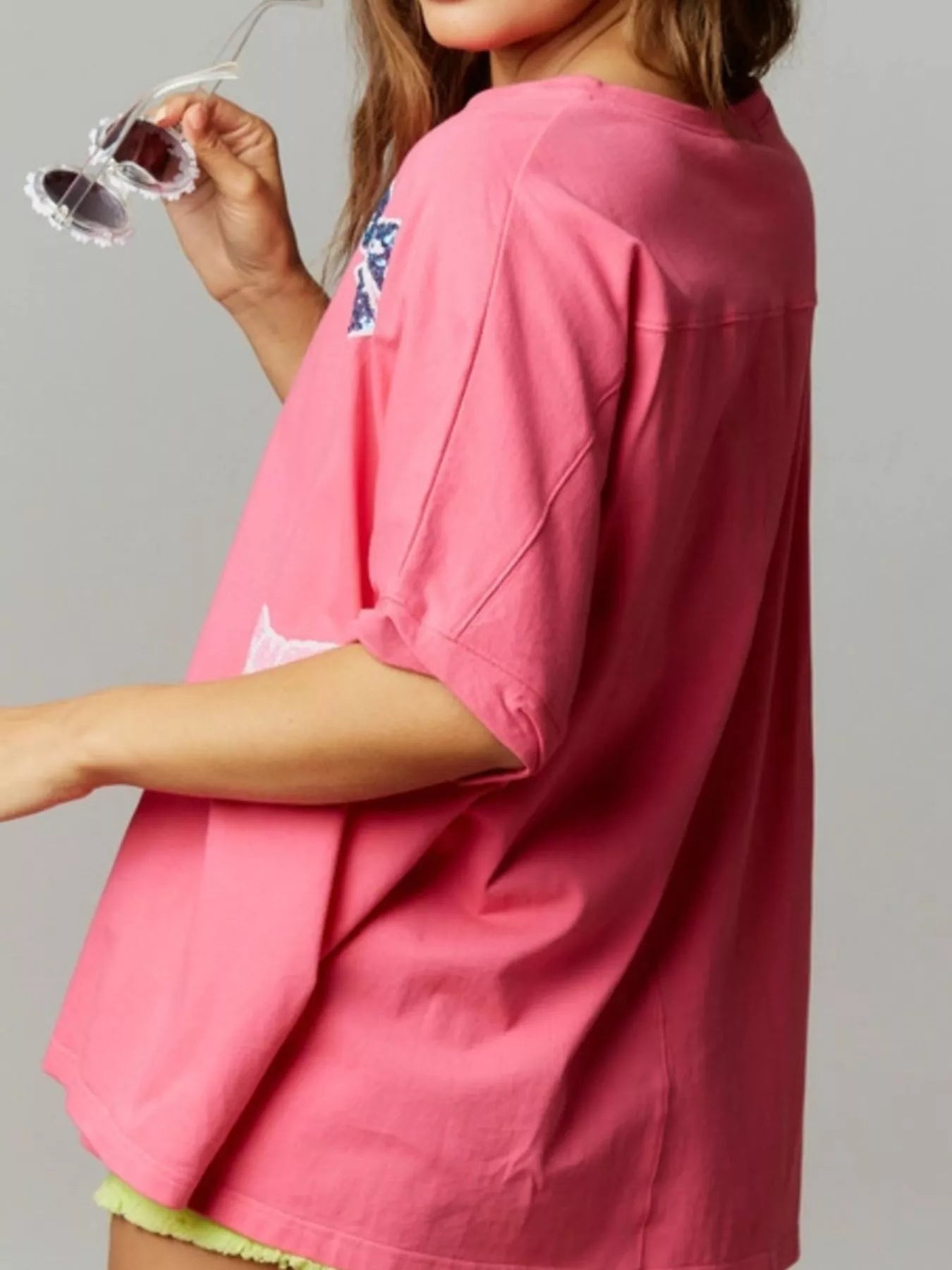 Sarah Express Women's Sequin Bow Round Neck T-Shirt - Oversized Casual Top