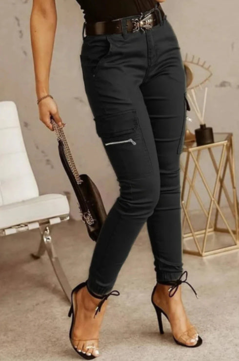 Women's Low Waist Cotton Blend Cargo Overalls Loose Fit Button Detail Trousers