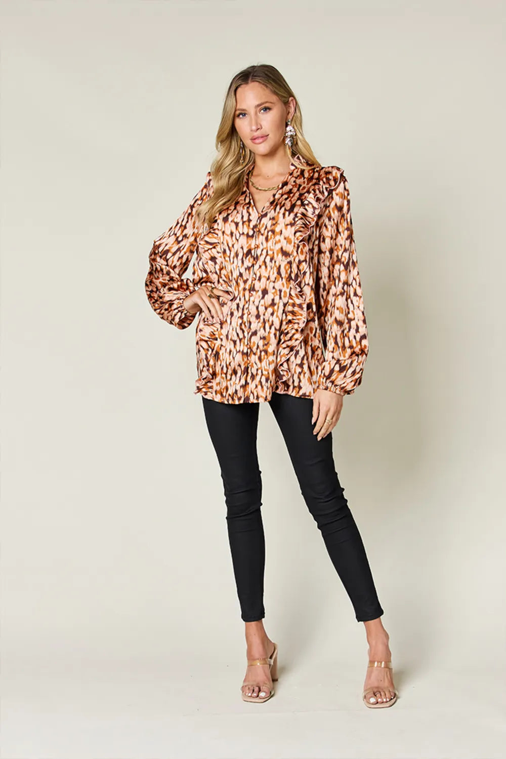 Sarah Express Women's Printed Ruffle Trim Balloon Sleeve Shirt - Buttoned Blouse Top