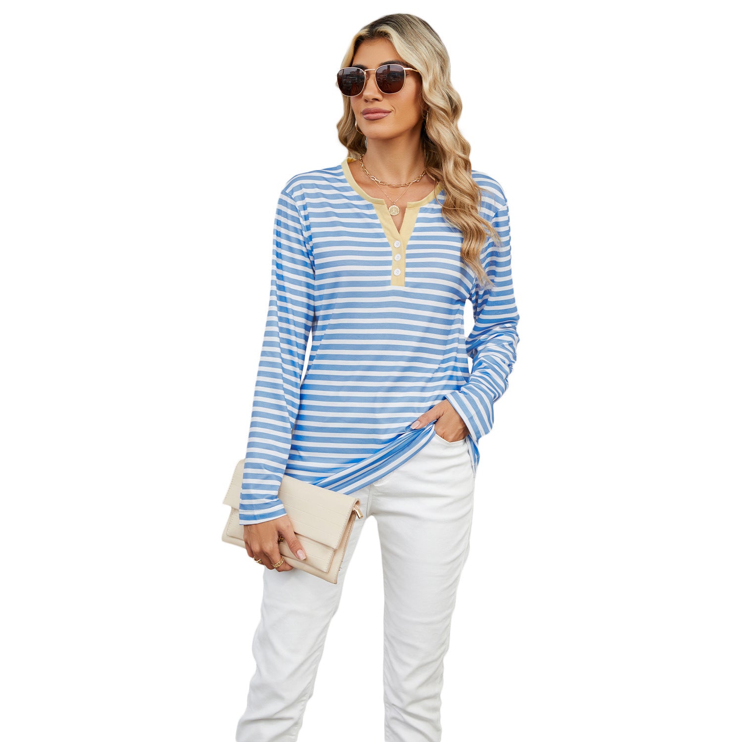 Women's V-Neck Striped Long Sleeve T-Shirt Loose Fit Casual Top