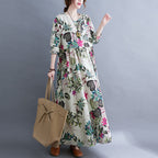 Women's Plus Size Printed Maxi Dress Long Sleeve Cotton Blend Literary Sweet Style