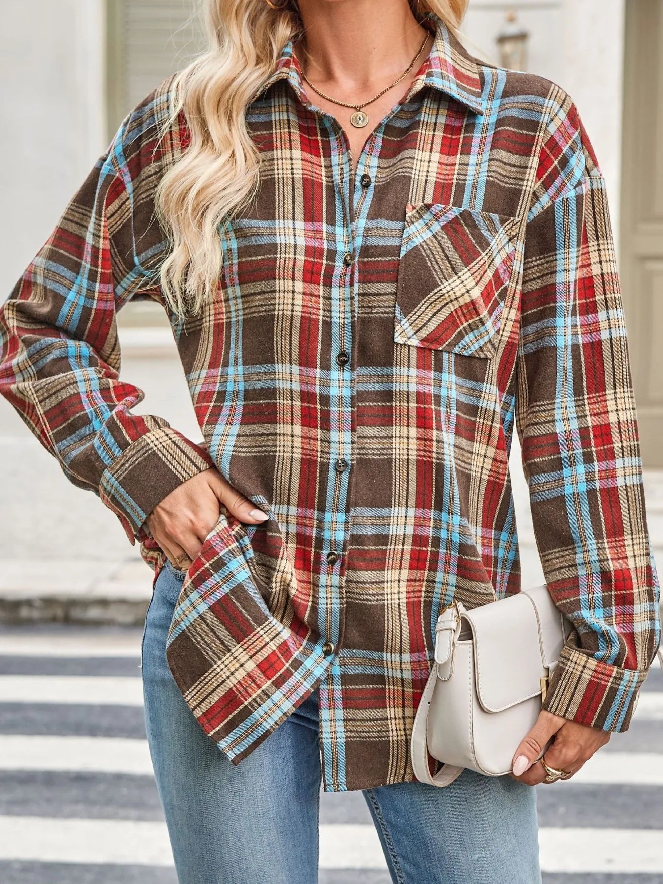 Sarah Express Women's Plaid Button Up Long Sleeve Shirt - Oversized Casual Top