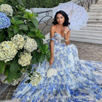 Sarah Express Women's Floral Off-Shoulder Halter Dress Lace-Up Organza Swing Dress with Digital Print