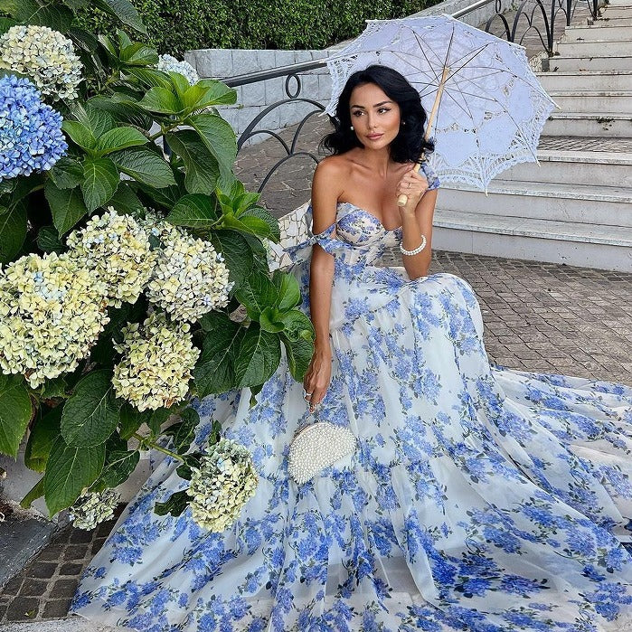 Women's Floral Off-Shoulder Halter Dress Lace-Up Organza Swing Dress with Digital Print