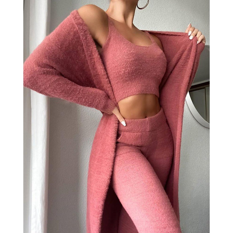 Women's Soft Knit 3 Piece Lounge Set Crop Top Wide Leg Pants Cardigan