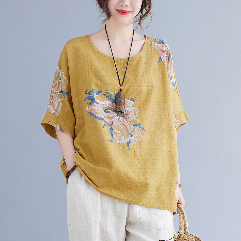 Women's Cotton Linen Printed Top Oversized Short Sleeve Summer Casual Relaxed Fit