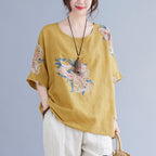 Women's Cotton Linen Printed Top Oversized Short Sleeve Summer Casual Relaxed Fit