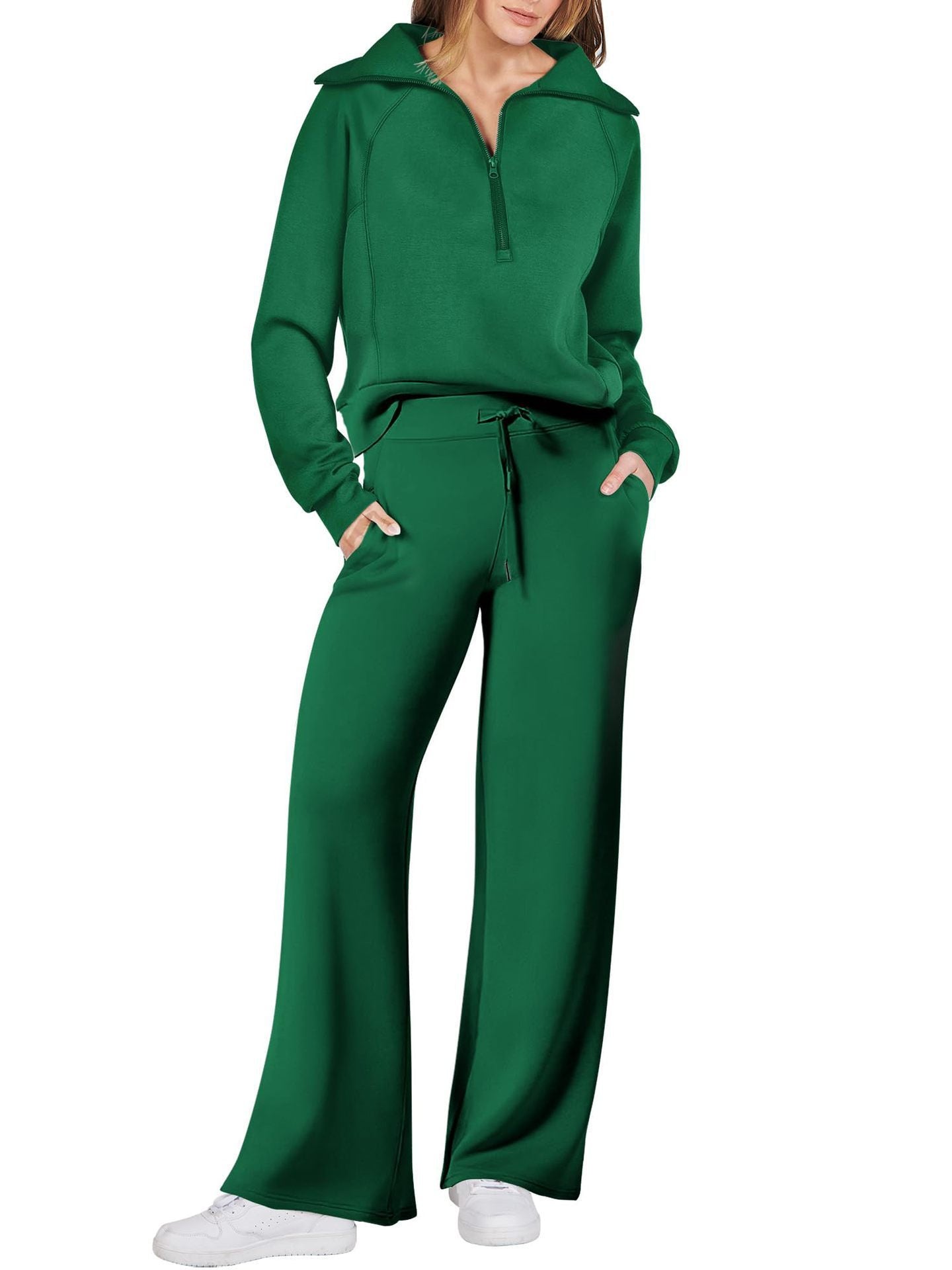 Women's Long Sleeve Zipper Sweatshirt and Wide-Leg Pants Athleisure Set