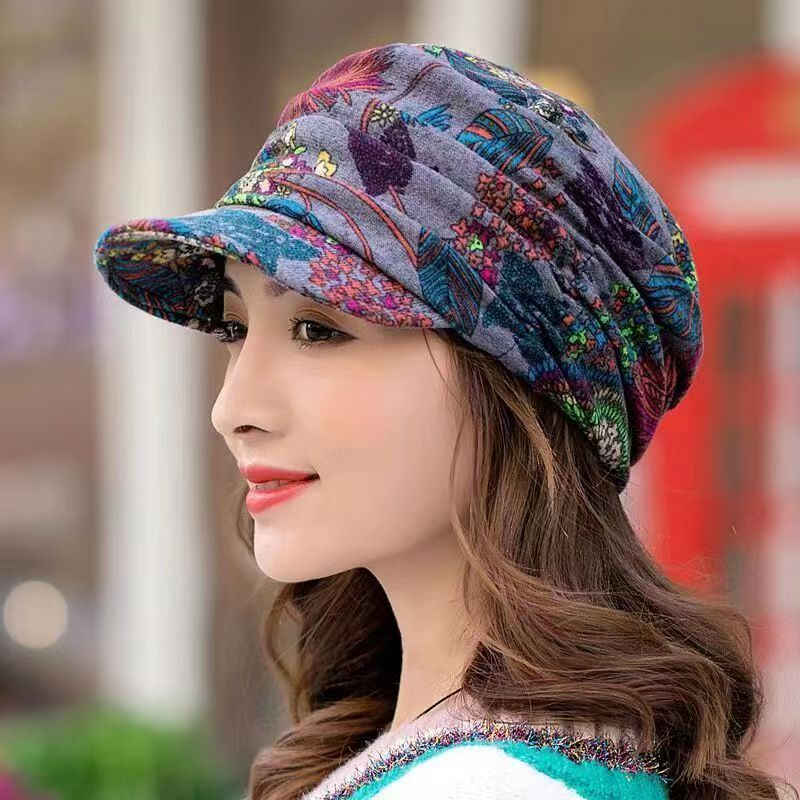 Floral Print Duck Cap Dome Hat Short Brim with Neck Protection