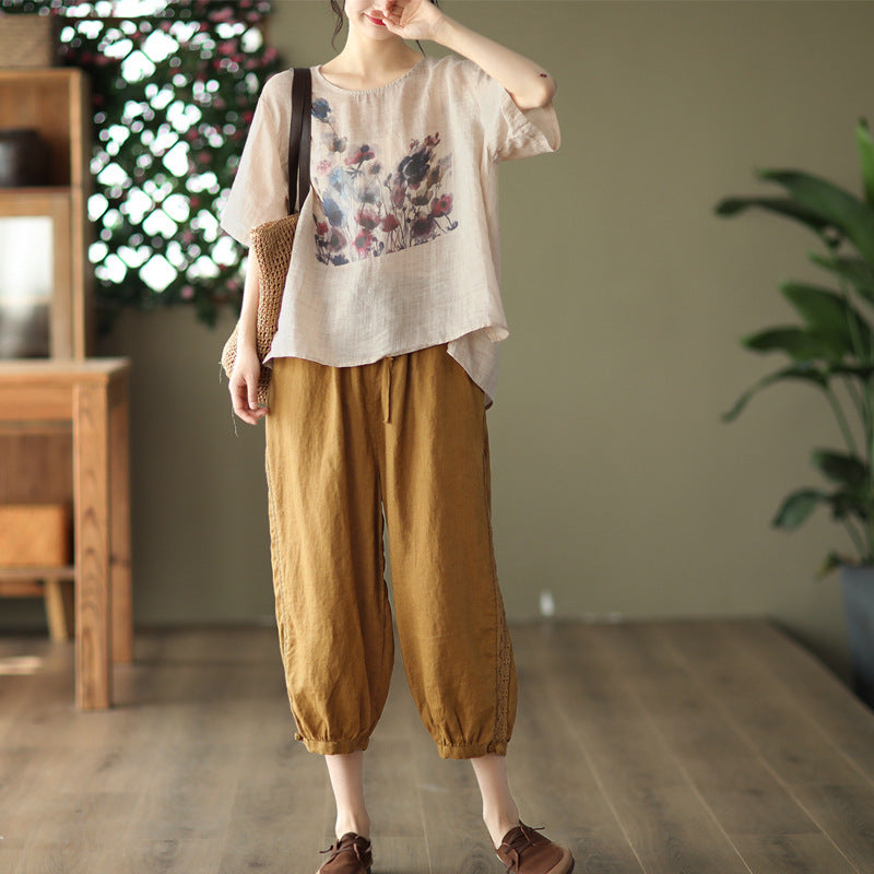 Vintage Ink Print High-Low Hem T-Shirt Hemp Blend Short Sleeve