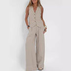 Women's V-Neck Button Vest and Straight Pants Two Piece Set