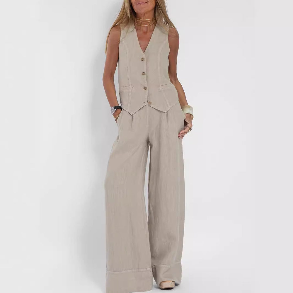 Women's V-Neck Button Vest and Straight Pants Two Piece Set
