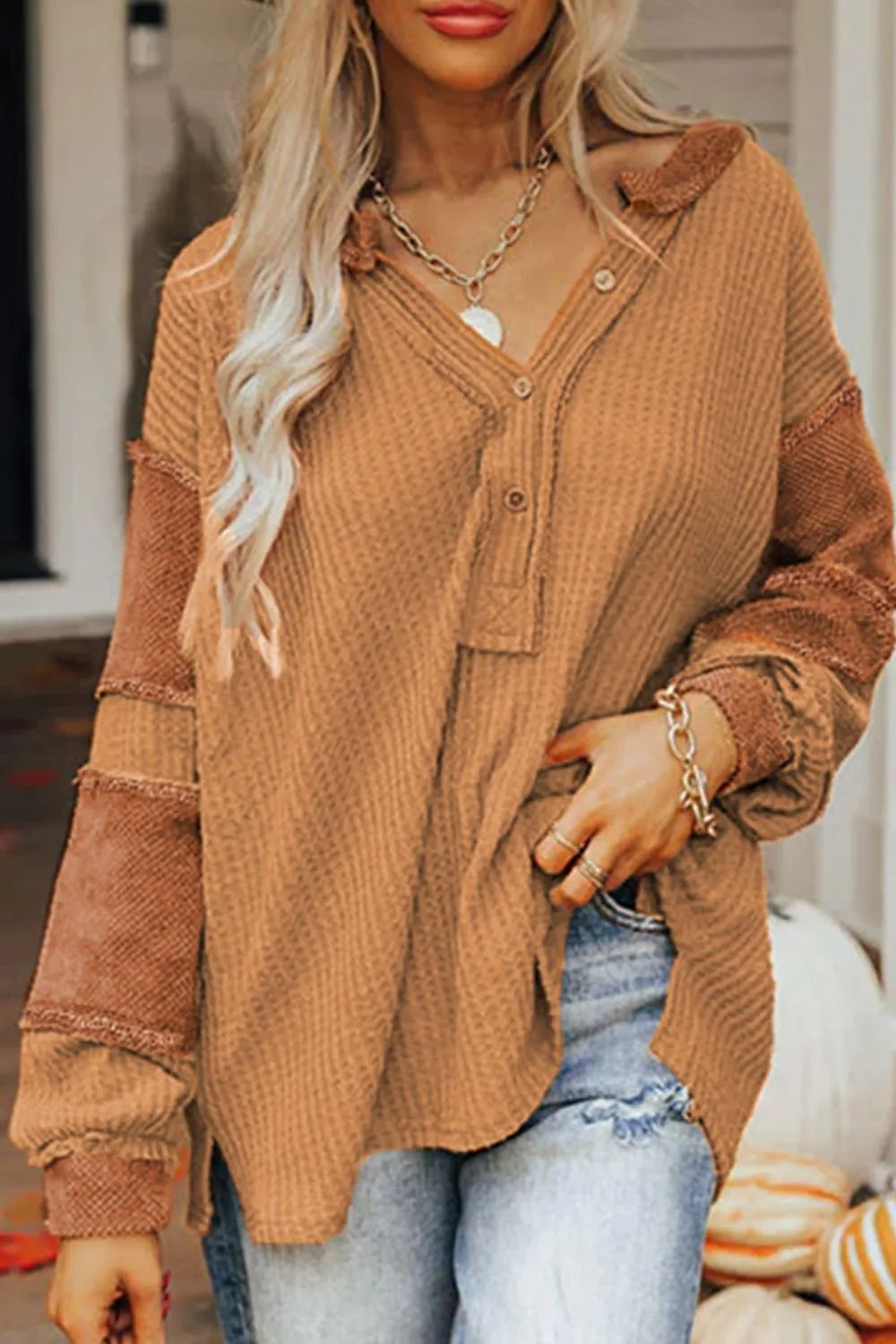 Sarah Express Women's Contrast Patched Waffle Knit Henley Top