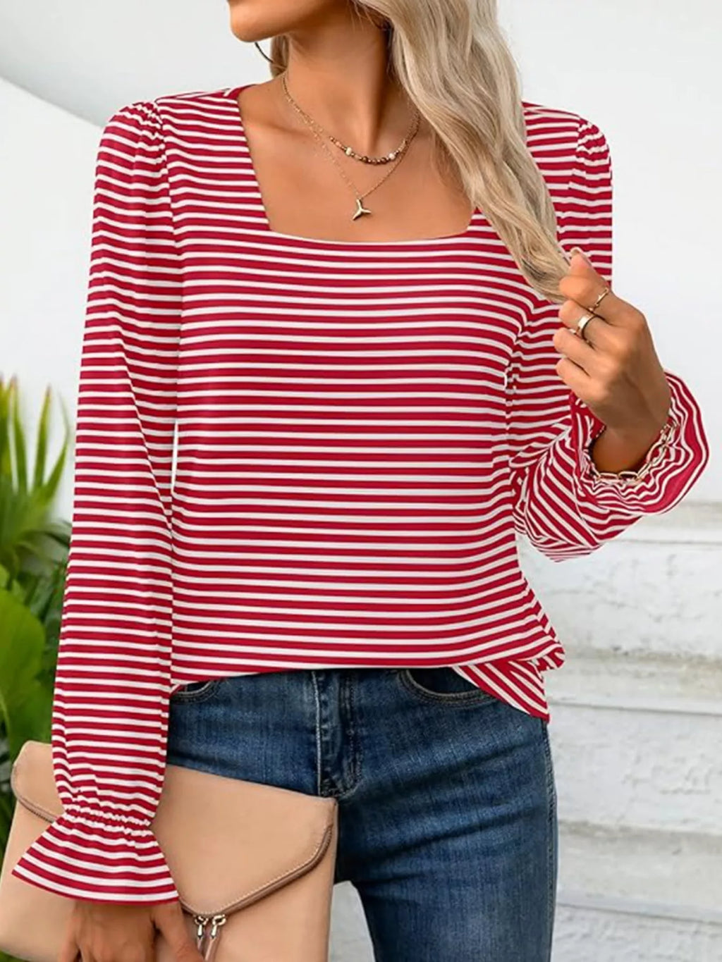 Sarah Express Women's Striped Long Sleeve T-Shirt with Square Neckline Red