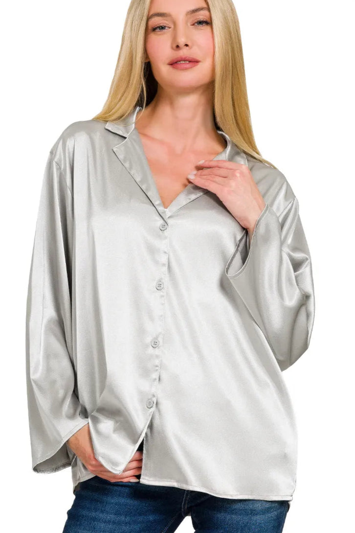 Sarah Express Women’s Silver Metallic Satin Button-Down Shirt Casual Work SILVER