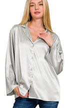 Sarah Express Women’s Silver Metallic Satin Button-Down Shirt Casual Work SILVER