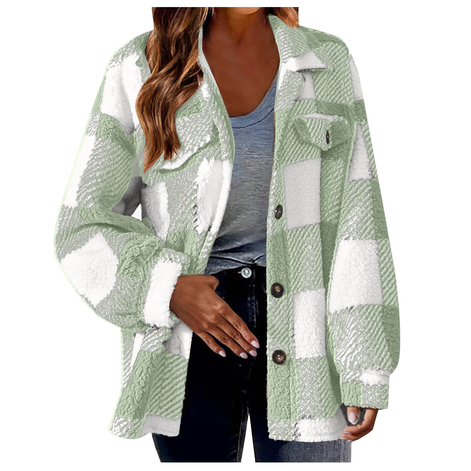 Women's Striped Plush Jacket - Button-Front Shacket Coat in 8 Colors - Loose Fit S-5XL Plus Size