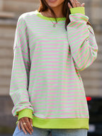 Sarah Express Women's Striped Contrast Ribbed Trim Drop Shoulder Sweatshirt