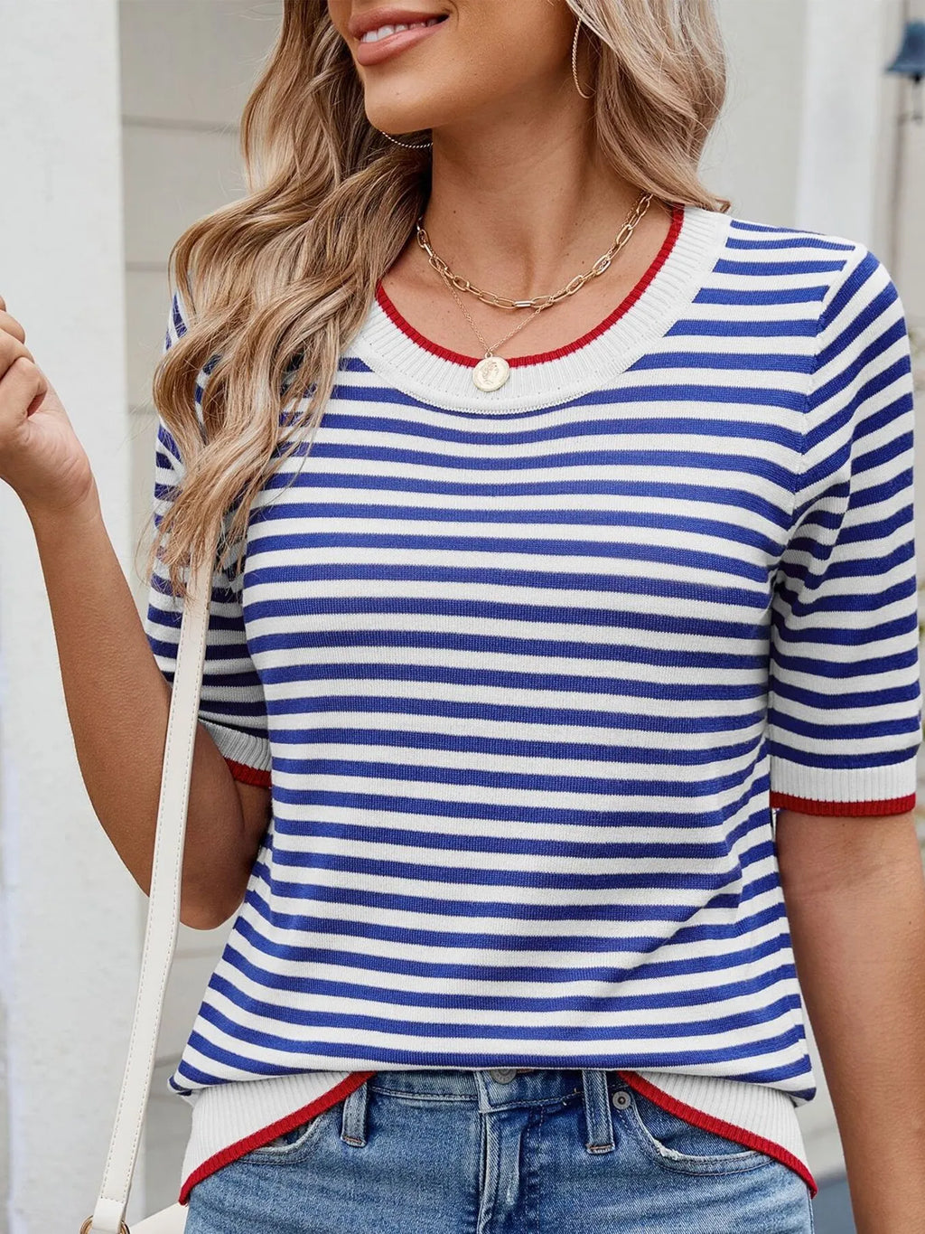 Sarah Express Women's Striped Casual T-Shirt with Contrast Trim