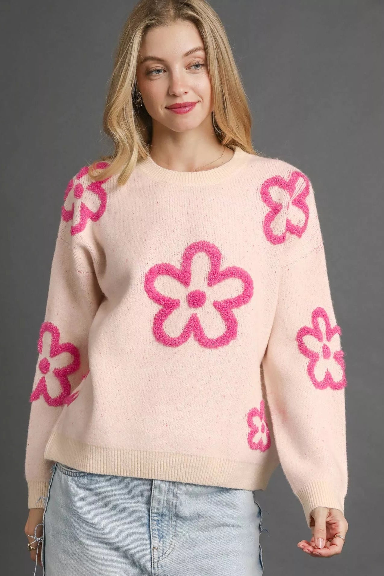 Sarah Express Women’s Round Neck Sweater with Pink Floral Accents