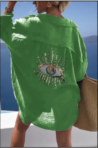 Sequin Beaded Beach Cardigan Shirt Long Sleeve Loose Fit